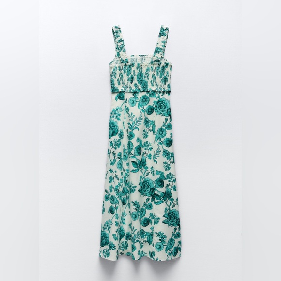 ❣️SOLD❣️ New with Tags Zara Green Floral Midi Dress with Slit Size XS - Picture 8 of 13